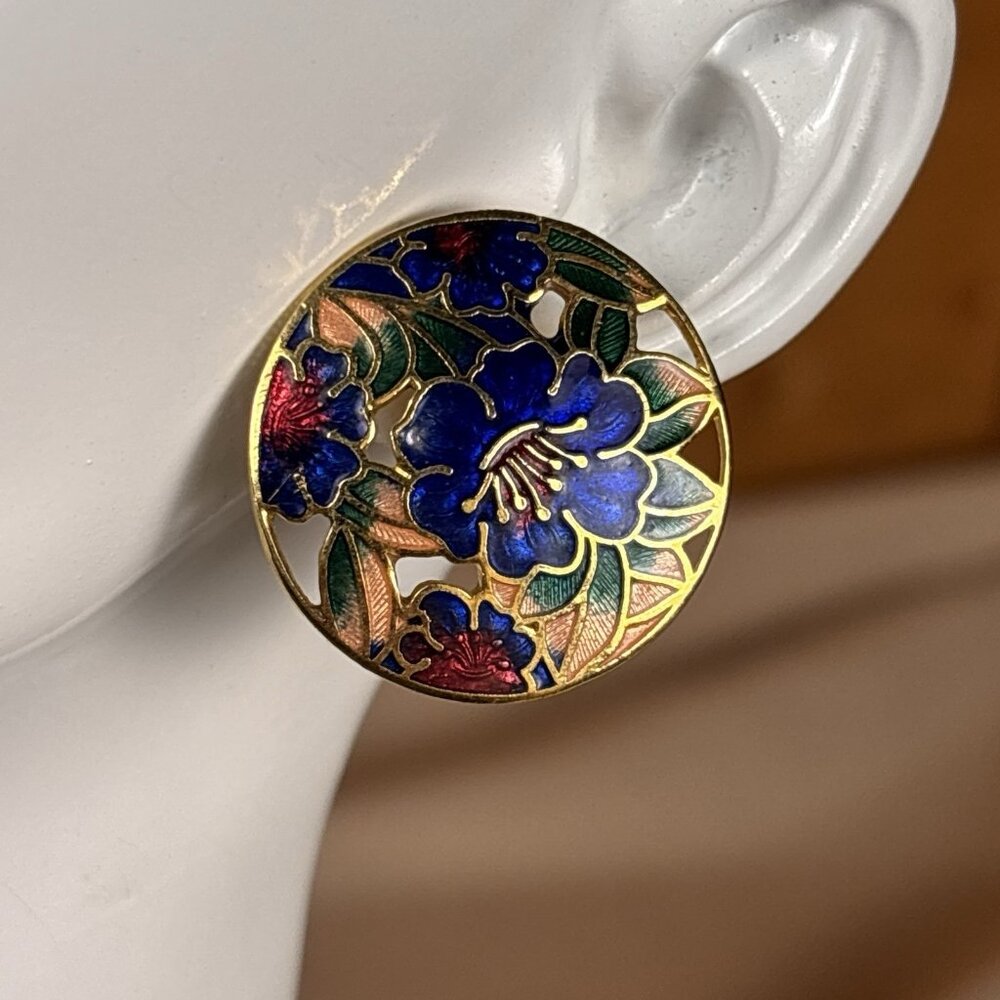 Vintage Cloisonné Enamel Gold Tone Circular Floral Earrings A101
